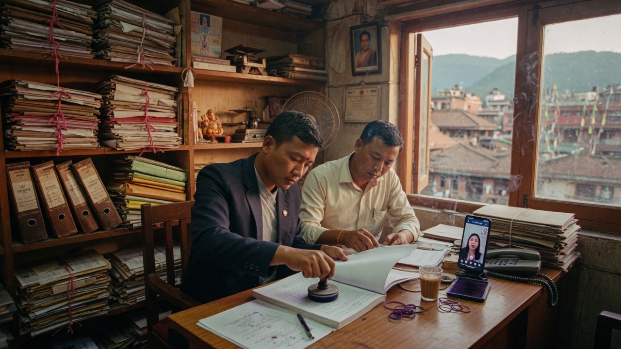 Nepal law chamber: notary stamp on paper files while staff connect a client abroad on a phone